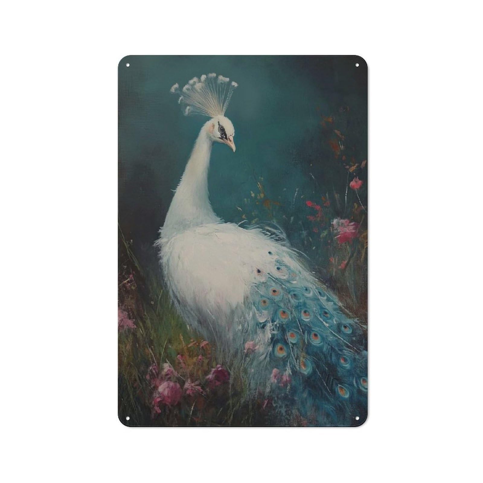 Junmoney White Peacock Painting Tin Wall Plaque 30X20cm With For Hobby Room Or Studio, For Home Interiors, Feature Walls And Decorative Displays