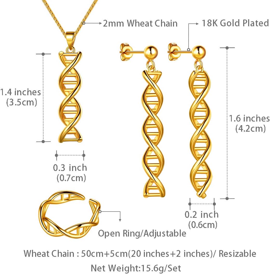 beautlace DNA Double Helix Chemistry Science Molecule Biology Necklace/Earrings/Rings Set DNA Dangle Earring Jewelry Set for Women