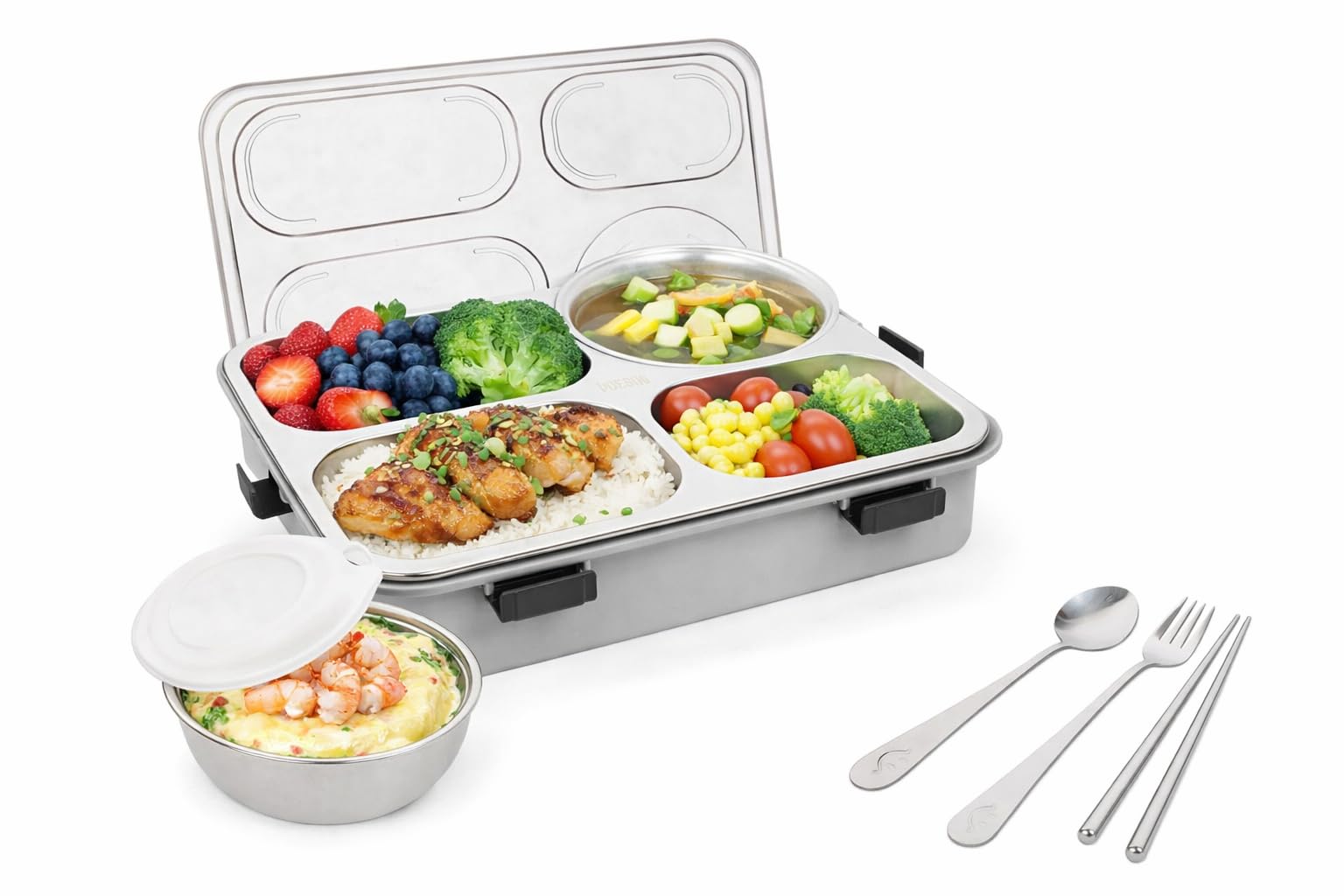 Brand Conquer Lunch Box Leak-Proof BPA Free Stainless Steel for School, Lunch Box for School & Office with a Fork, a Spoon and a Pair of Chopsticks (Grey, 4 Compartment)