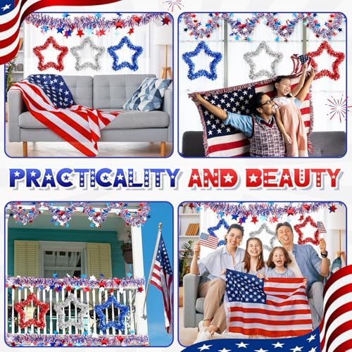 Image of 8 Pcs Patriotic Party Set Includes 3pcs Patriotic Tinsel Star Wall Hanging Decor and 5pcs 33 ft Independence Day Glitter Shiny Twist Tinsel Garlands for Memorial Day Party Tree Home Hanging Decor