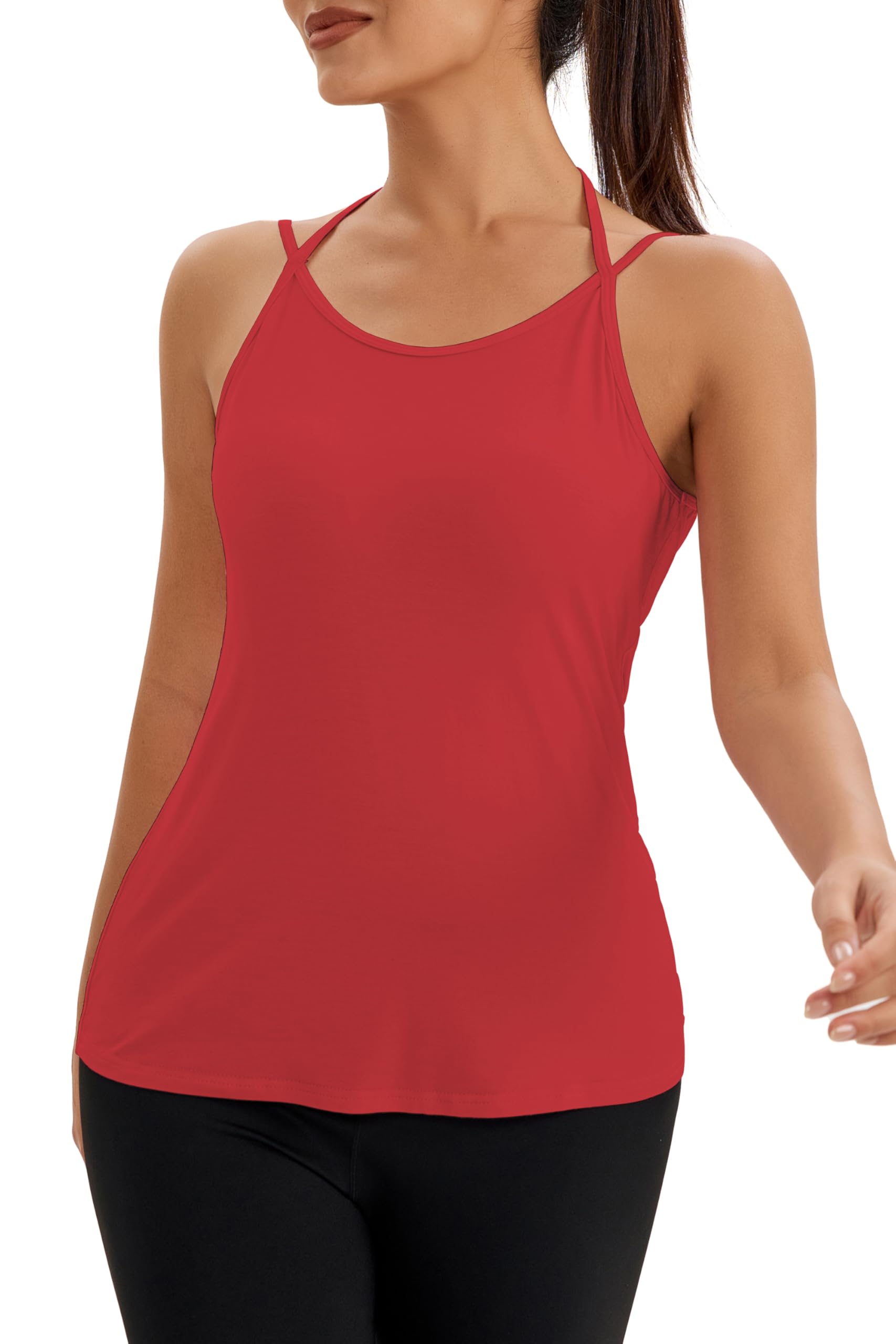 Bestisun Camiseta de yoga con espalda abierta y tirantes delgados para mujer