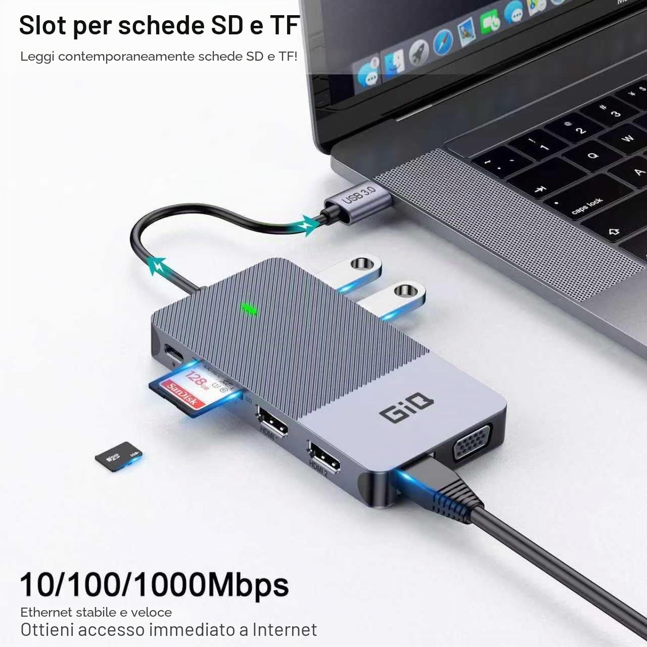 USB Docking Station GIQ USB C HUB USB 3.0 to Dual HDMI VGA Adapter Triple Display USB C Laptop Docking Station Dual Monitor HDMI Splitter Extender Compatible with MacBook M1 M2 M3 M4 M5 USB Dock-Gray
