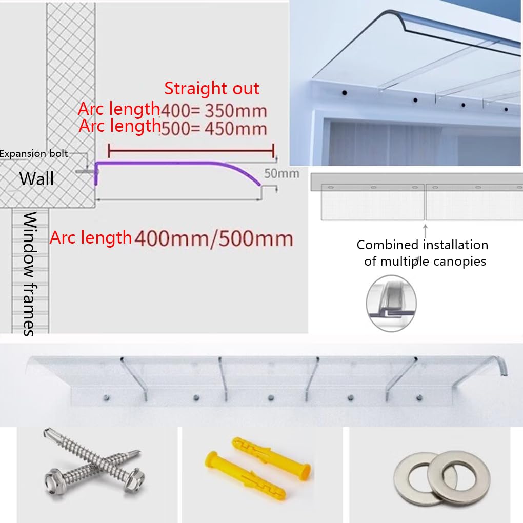 Deurdak luifel aluminium zwarte standaard doorzichtig polycarbonaat voor toegangsdeur luifel voordeur entreeluifel regenbescherming, automatische afwatering (100 x 230 cm