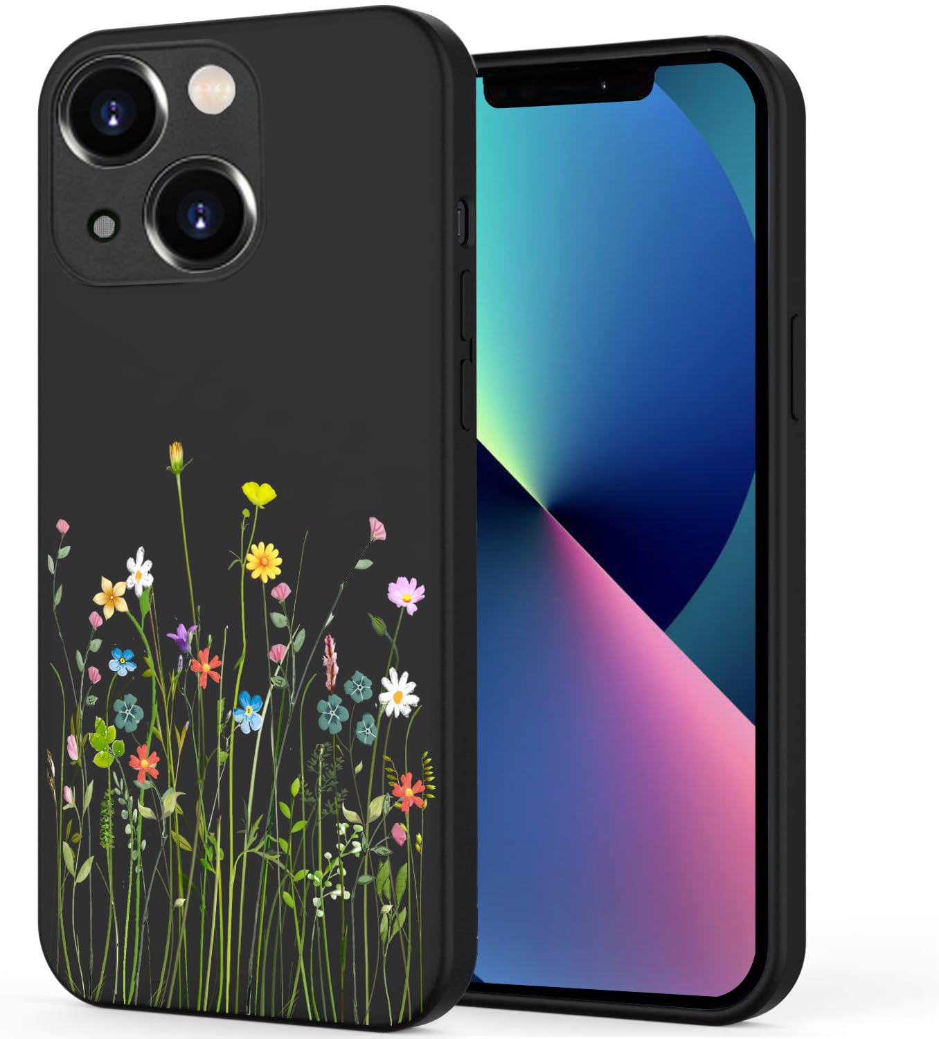 Unov Case Designed for iPhone 13, Black Phone Case with [Anti-Slip Embossed Pattern], Shockproof Slim Protective [Anti-Scratch TPU] Back Cover, Floral