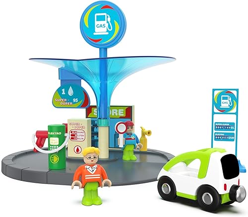 Juego de expansión de estación de servicio de tren de madera, estación de combustible con figuras, automóvil y señales, compatible con Brio Thomas