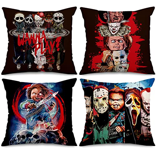 Anydesign 4Pcs Halloween Horror Movie Characters Pillow Covers Classic Skull Clown Printed Throw Pillow Case Linen Decorative Cushion Covers For Halloween Party Supplies Home Couch Decor, 18 X 18 #TOP5