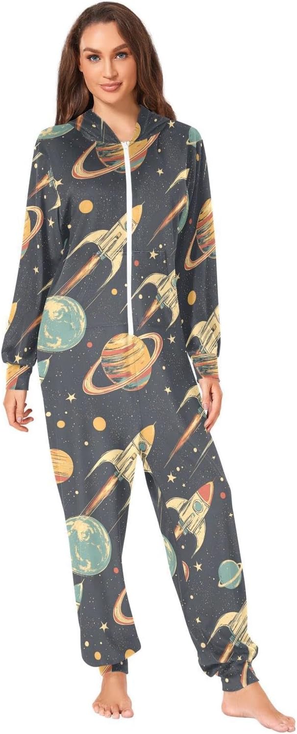 ZZKKO Space Planetary Rocket Adult Onesie Pajamas for Women Men Cozy One Piece Pajamas Costume Zip-Up Hooded S-XL