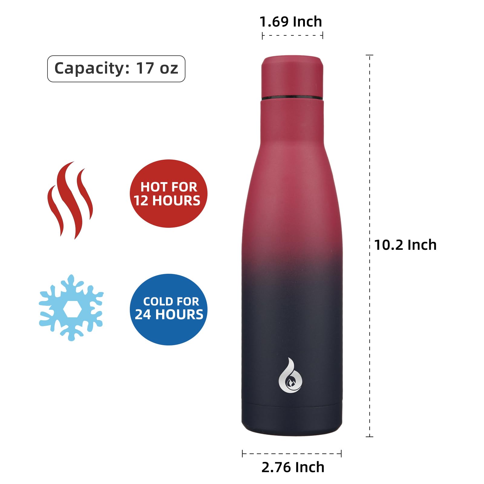 BJPKPK Botella de Agua Aislada 17oz (500 ml), Taza de Acero Inoxidable, Apta Lavavajillas, Reutilizable, Mantiene Frío y Calor, Negro Rojo Encantador