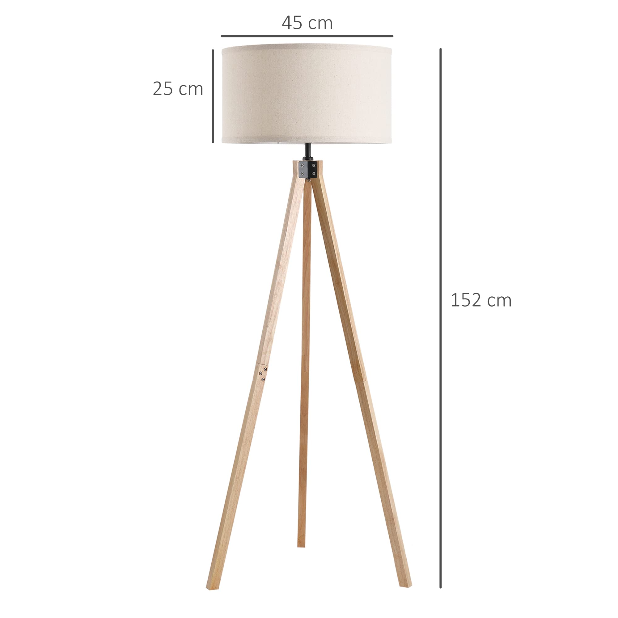 HOMCOM - Lámpara de pie trípode estilo escandinavo (40 W, máx. Dom. 45 x 45 x 152 cm. Madera de pino lino beige