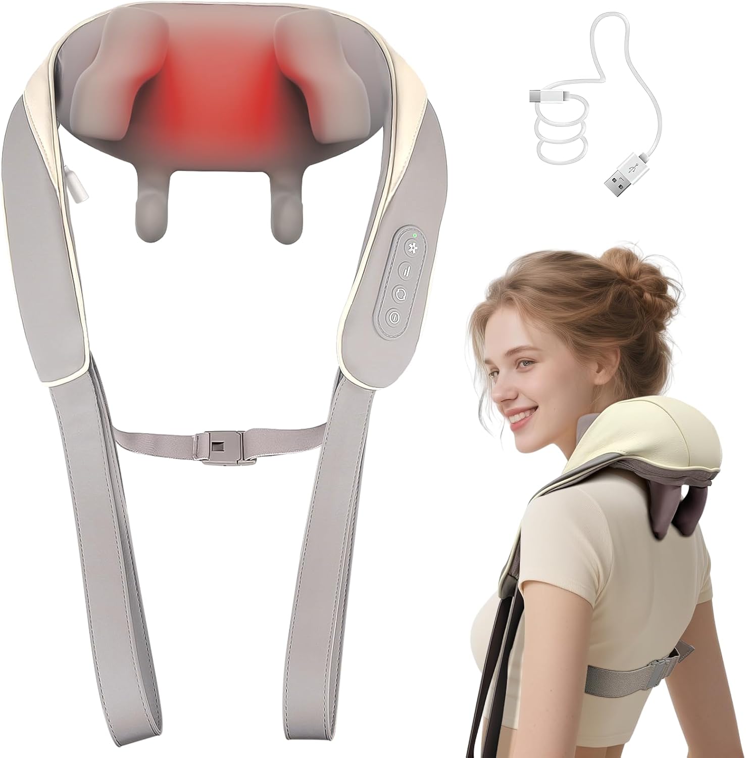 Brushless Neck Massager with Heat, Cordless 6D Professional Neck Massager for Pain Relief Deep Tissue, Ergonomic Kneading Back Shoulder Massagers with 2 Modes/Speeds, Fathers Day Gift