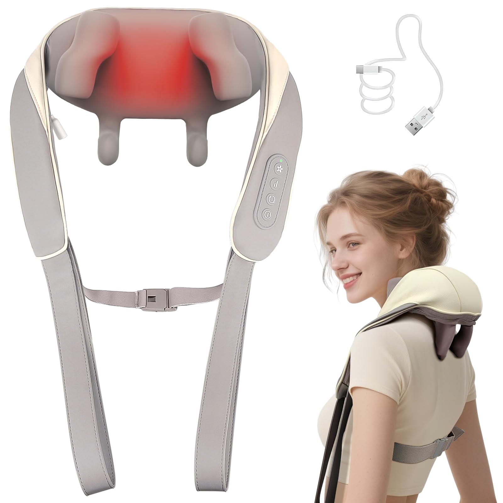 Massaggiatore cervicale senza spazzole con calore, massaggiatore professionale 6D senza fili per alleviare il dolore ai tessuti profondi, massaggiatore ergonomico per spalle e schiena, con 2
