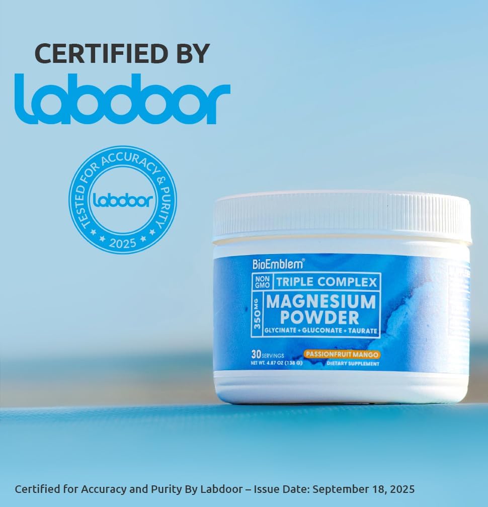 BioEmblem Triple Magnesium Powder Drink - 350mg High Absorption Magnesium Glycinate, Gluconate, Taurate & GABA for Rest, Sleep, & Brain Health - Passionfruit Mango Flavor - Vegan - (30 Servings) - Image 2