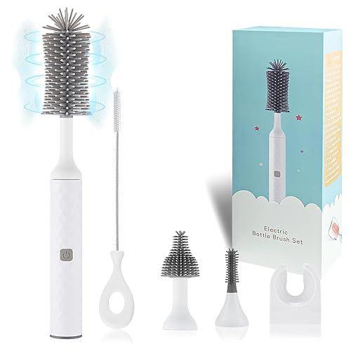 Vista 29 de Cepillo eléctrico para botellas, juego de 4 cepillos para botellas con limpiador de cepillo para biberones, cepillo para pezones, limpiador para Azul
