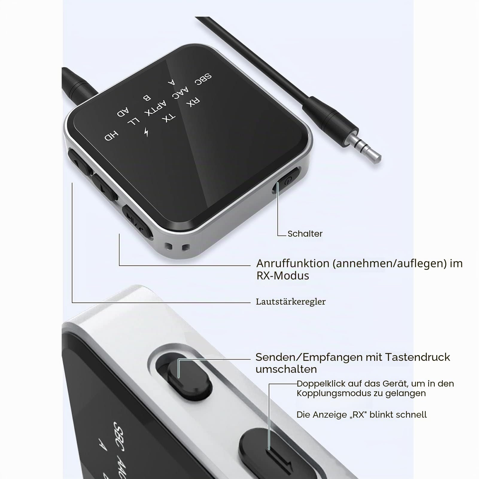 Annadue Bluetooth Audio Adapter, aptX Low Latency Bluetooth Transmitter Empfänger für TV PC Heimstereoanlage, aptX Adaptive & aptX HD & aptX LL, 3,5 Mm AUX Schnittstelle, 10M Distanz