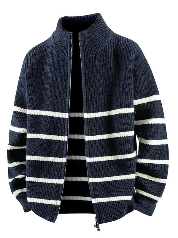 Pull tricoté décontracté homme à col montant et fermeture éclair rayée