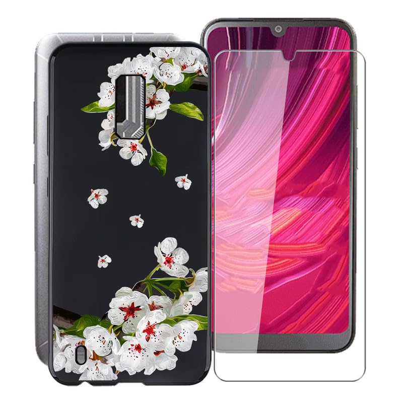 WXPPJ Cover per Blu View 4 Custodia + [1 Pezzi] Pellicola Vetro Temperato, Nero Anti-Caduta Bumper Morbido Silicone TPU Protezione Case per Blu View 4 (6.10) - Fiore Pero