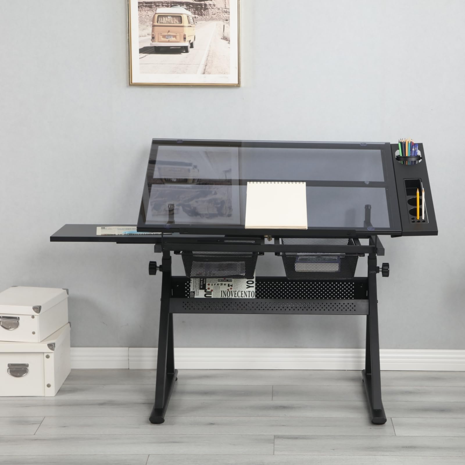 Mesa De Dibujo Con Taburete,Mesa De Pintura, Escritorio For Manualidades,Mesa De Trabajo Con Tablero De Vidrio Templado Inclinable,Escritorio De Pie Premium Ajustable En Altura For Proyectos De Bricol