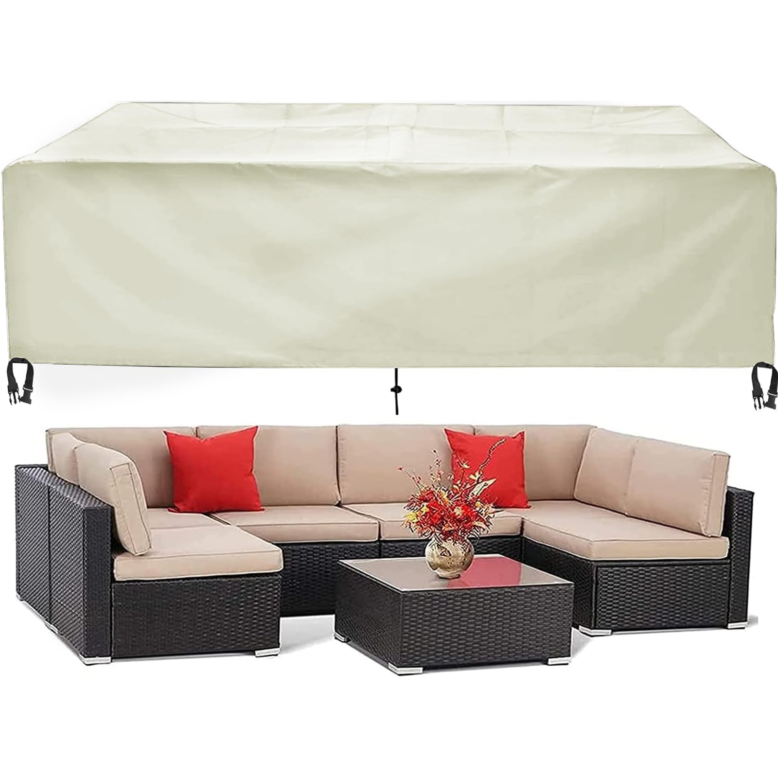 ARCHAEOPTERYX Premium Patio Furniture Cover, Waterproof, Dust Proof, Anti-UV, Windproof, Beige, 124" L x 63" W x 29" H, Fits 12 Seats, PVC-lined Polyester