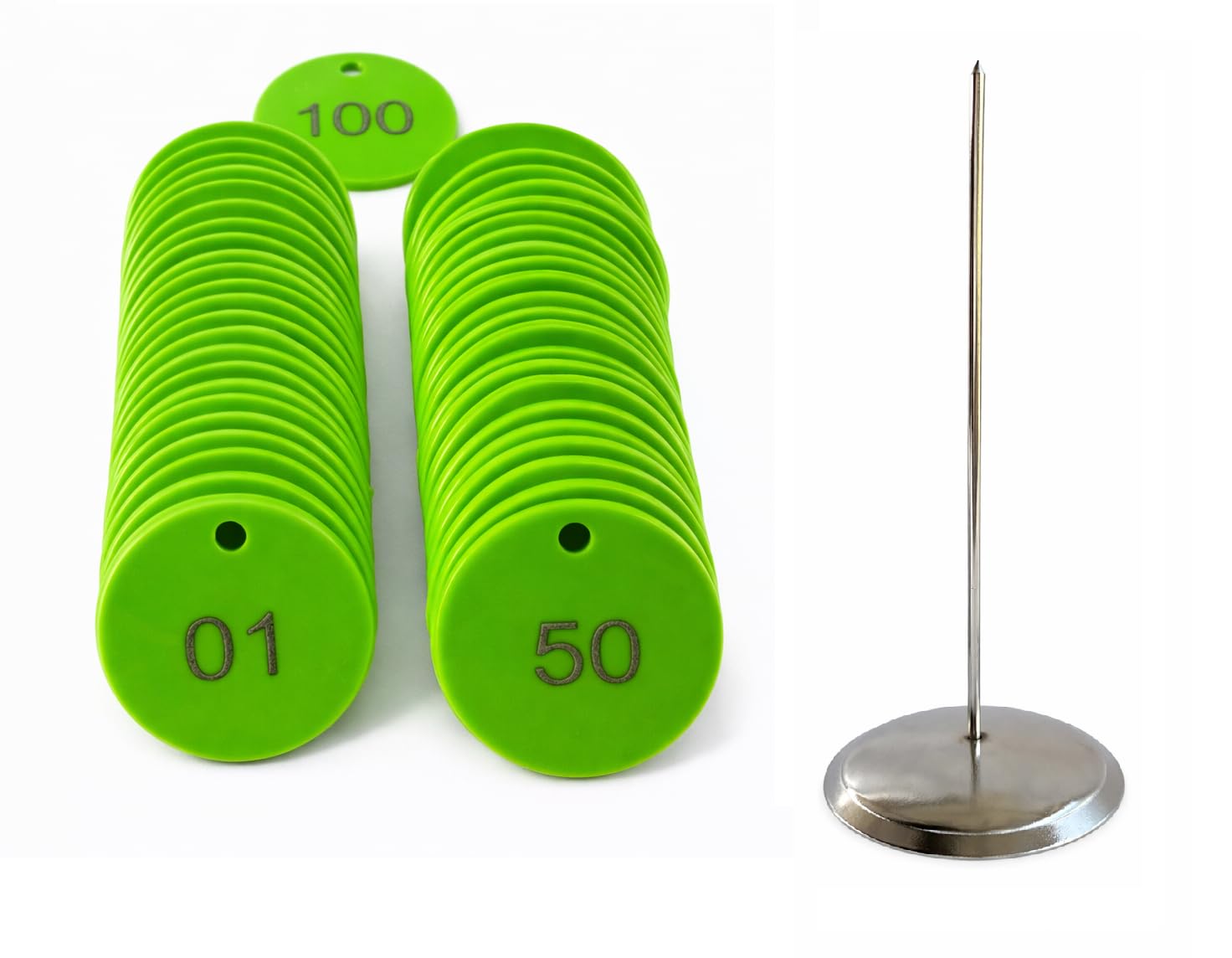 MOREL Plastic Number Token Coin with 1 to 100 Print and Hole and Steel Stand, Doctor Token for CLINICS, Shops, MALLS, QUE, RESTURANT, EXIBITION (Green)