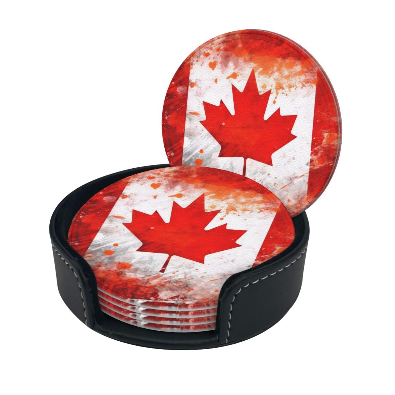 Fjqwklf Canada Flag Stylish Coasters - Set Of 6 Round Leather Drink Coasters With Holder - Perfect Size For Cups And Glasses