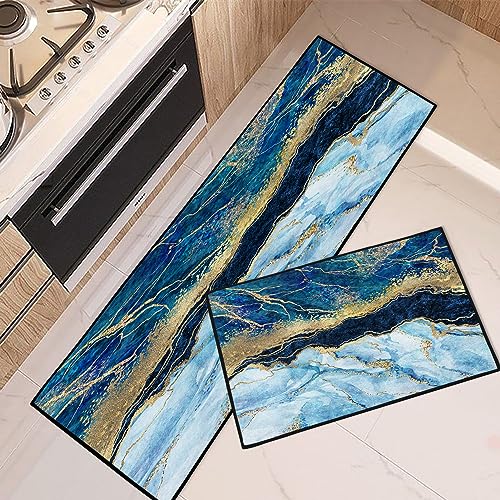 Tayney Blue Gold Marble Kitchen Rugs And Mats Non Skid Washable Set Of 2, Navy Luxury Elegant Kitchen Mats For Floor, Modern Classic Abstract Art Decor Kitchen Runner Rug #TOP19