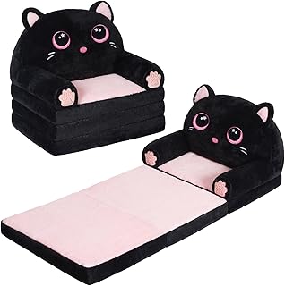 Kids Couch Fold Out, Velvet 2-in-1 Flip Open Couch for Toddlers, Comfy Toddler Chair for Reading and Napping, for Boys and Girls (Black & Pink Kitty)