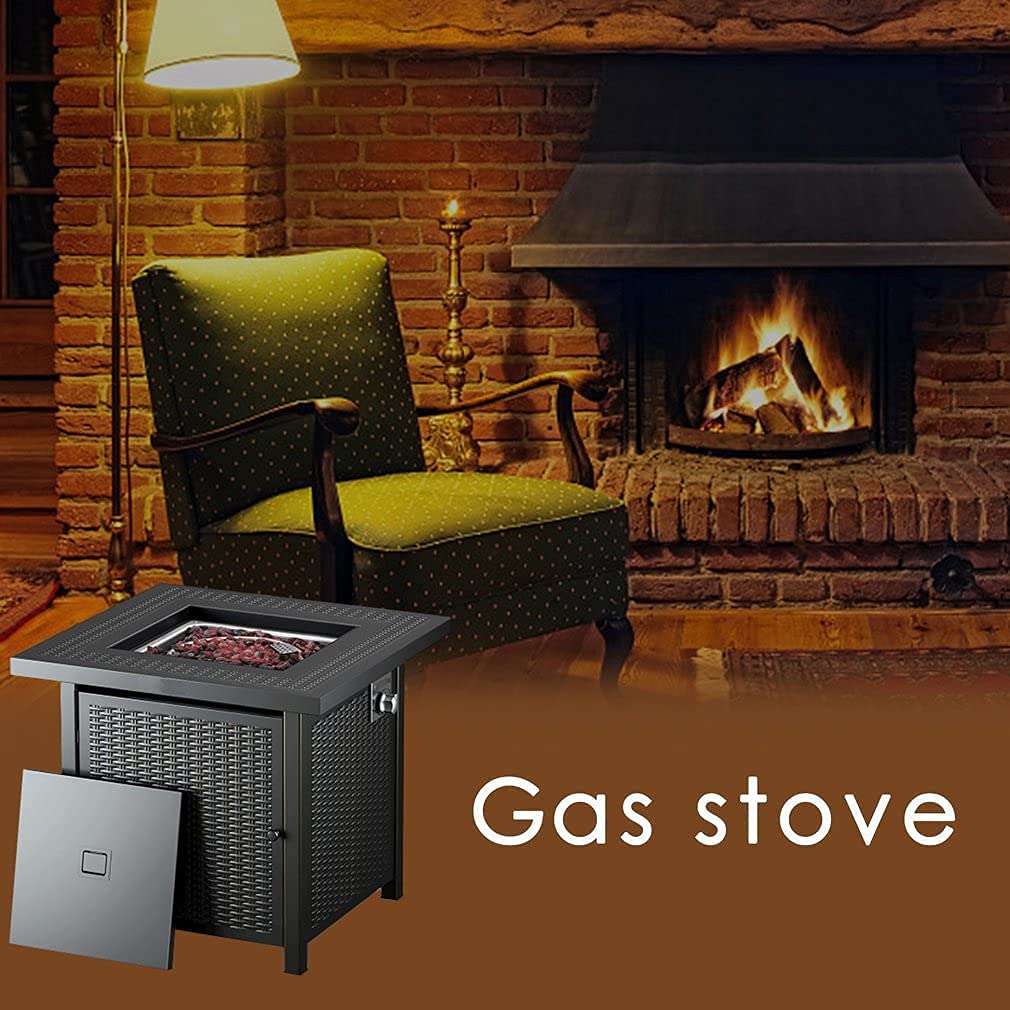 28" Propane Fire Pit Table, Black Outdoor Fire Table, Square Rattan