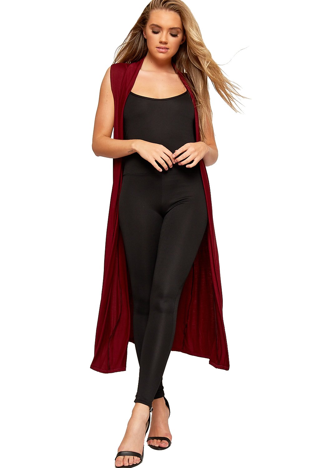 WearAll Women's Long Maxi Open Sleeveless Top Jacket Collar Plain Cardigan - Wine - 8-10