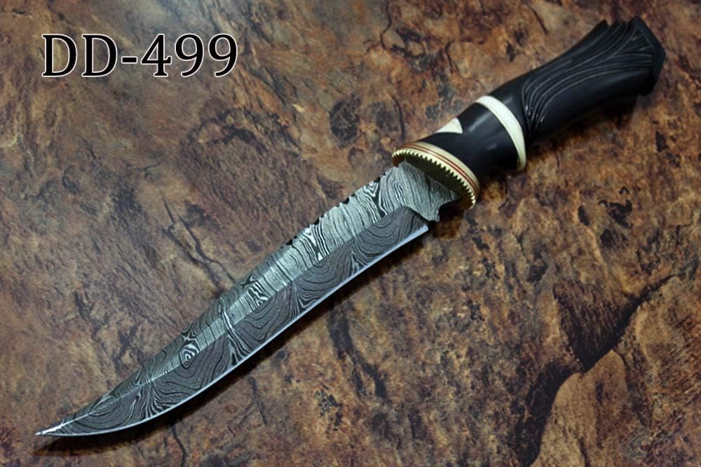 13 Inches Long Hand Carved Camel Bone Round Scale Skinning Knife, Custom Made Hand Forged Damascus Steel Hunting Knife with 7.5" Blade, Cow Hide Leather Sheath with Belt Loop (Bull Horn)