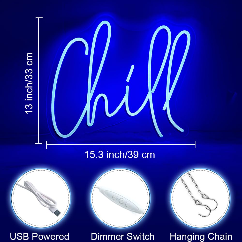 Chill Neonschild, blaues Neonlicht, USB-betriebene Wörter, LED-Lichter für Schlafzimmer, Zuhause, Bar, Pub, Club, Hotel, Spielzimmer, Männerhöhle, Wanddekoration