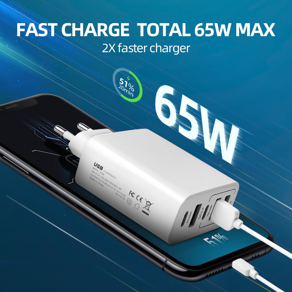 AXFEE Caricatore Rapido USB Multipla PD & QC3.0, Alimentatore Caricabatterie Spina USB C 65W 5Porto, Carica USB da Muro, Carica Cellulare per iPhone 12/11/XS/X,Samsung Galaxy S21/S20,Xiaomi,Huawei