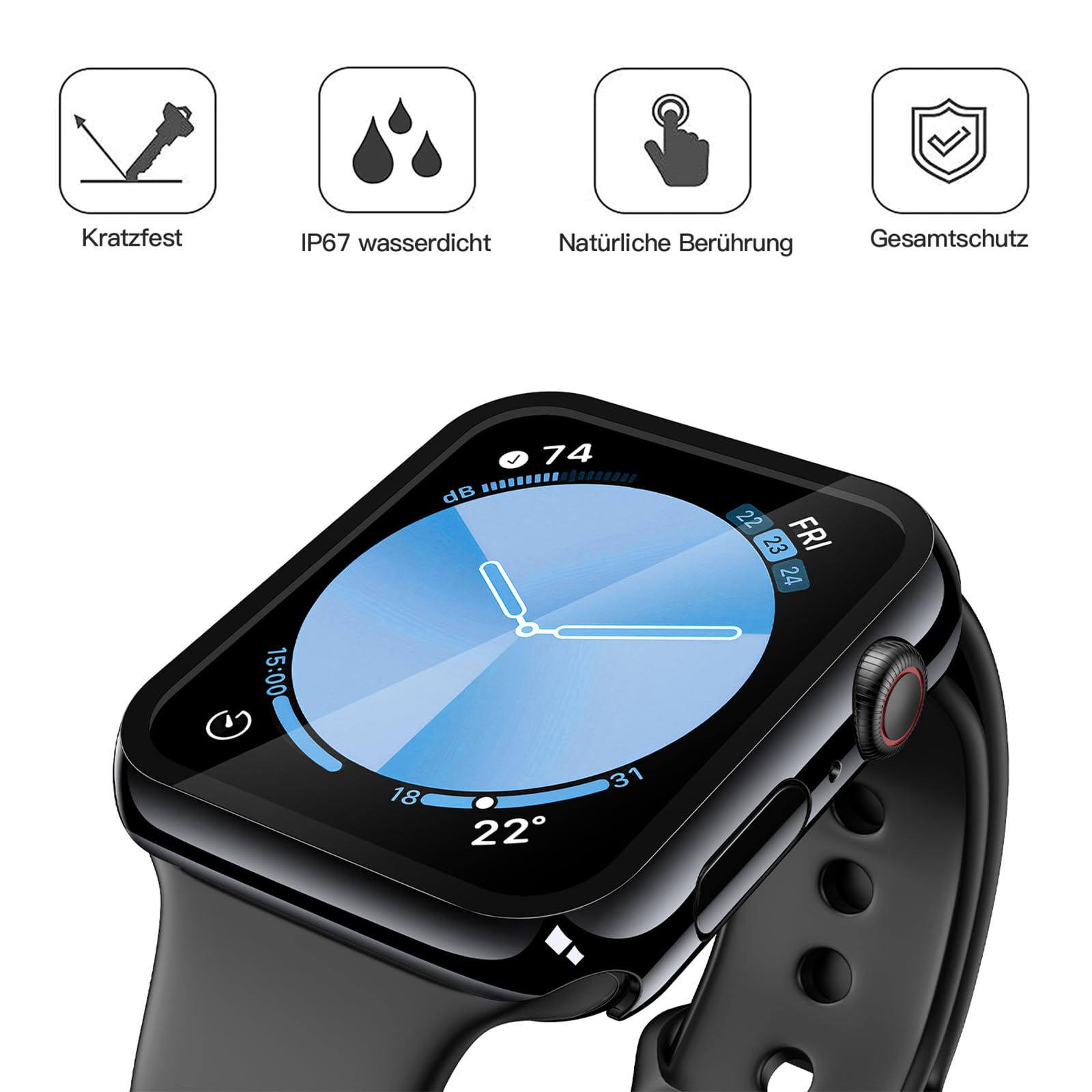 Misxi 2 Stück schwarze Hartschale mit gehärtetem Glas, kompatibel mit Apple Watch