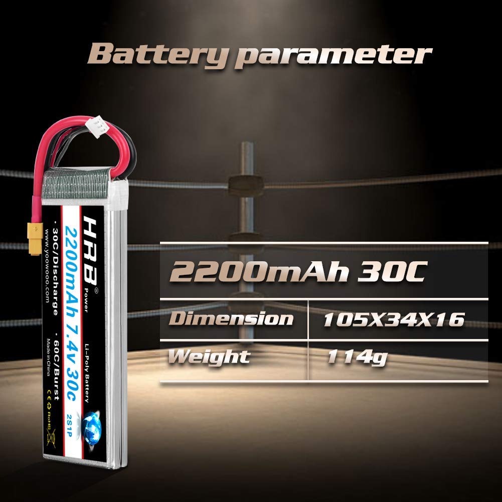HRB 2pc 2200mAh 7.4V 2S 30C LiPo Batería con Enchufe XT60 Compatible con RC Traxxas 1/16 E-Revo VXL Summit Slash Losi 1/14 Mini 8ight y RC Cars