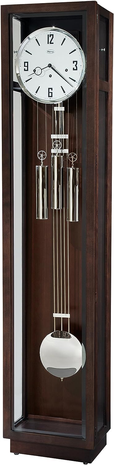 Howard Miller Ridgeway Curry Floor Clock II, Arabic Numerals with Manhattan Finish Adjustable Levelers | Chrome Grid Pendulum Single-Chime Movement Grandfather Clocks for Bedroom & Living Room