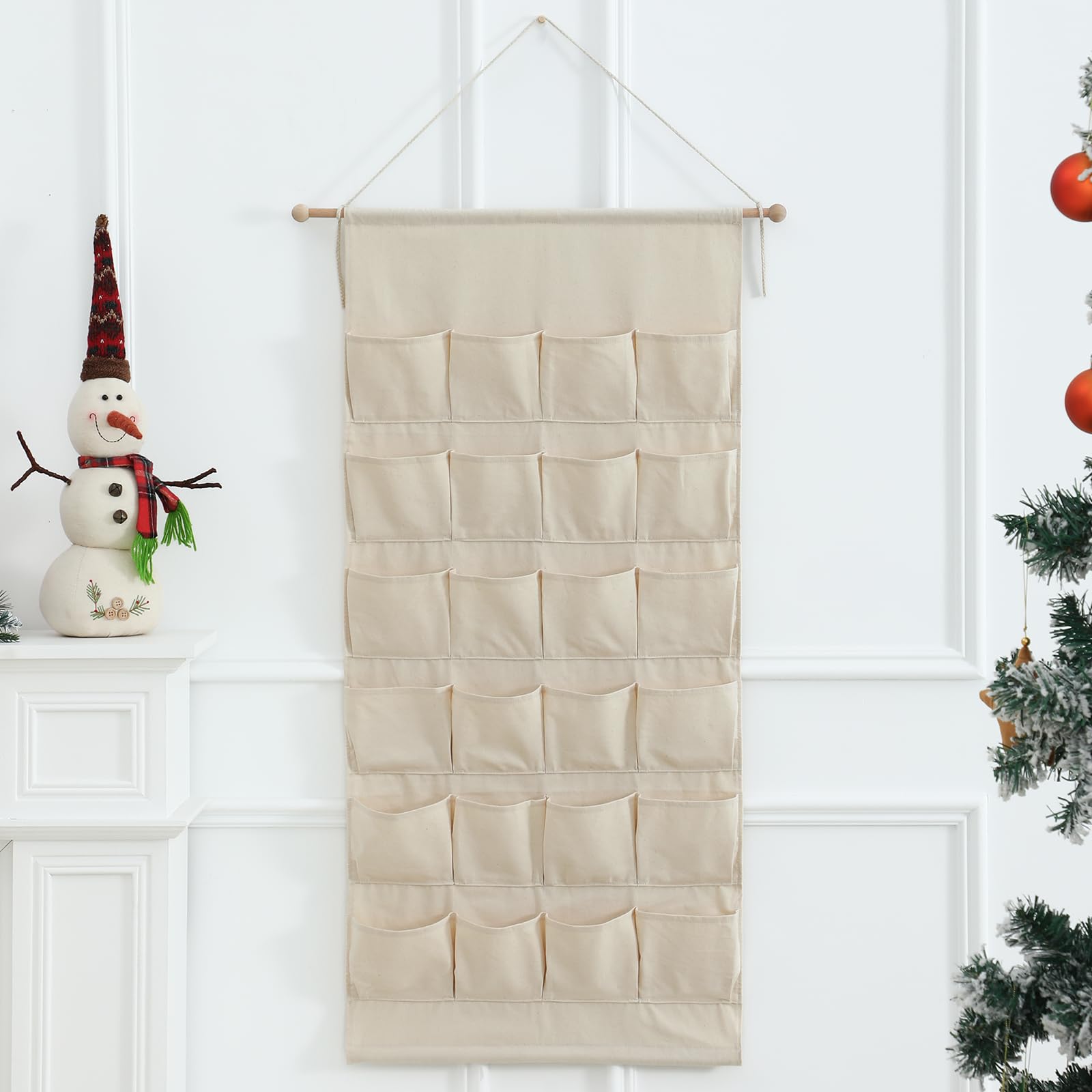 MONOBLANKS Fabric Christmas Advent Calendar with Pockets,Reusable Natural 24 Days Countdown Advent Calendar Hanging Storage Bag for Xmas Holiday Home Wall Decoration (Natural)