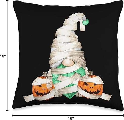 Miniatura 6 de Lindas calabazas envolventes de momia para niños, cojín gráfico de gnomo de Halloween, 16 x 16 pulgadas, multicolor