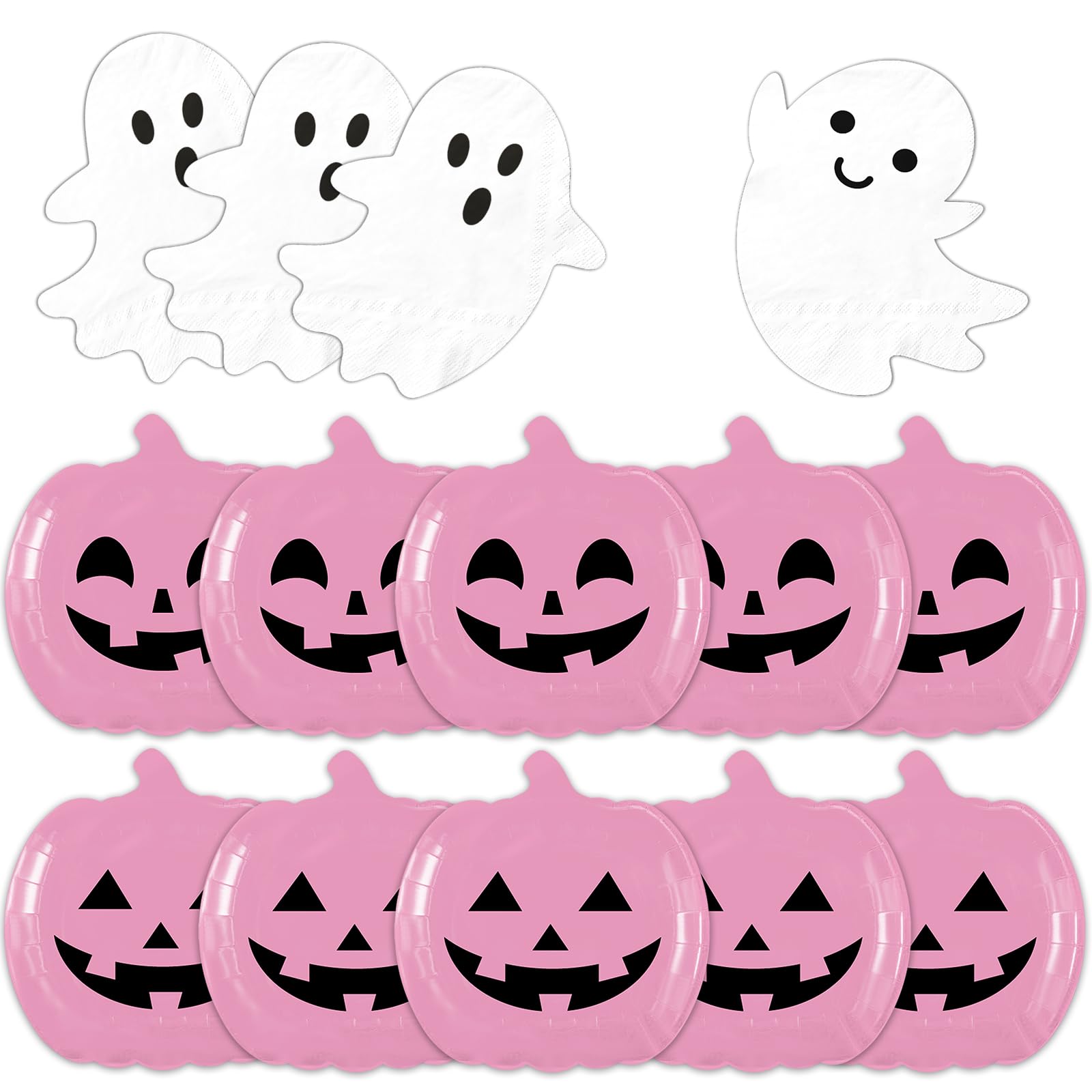 OGMOGKW Halloween Plates and Napkins,60pcs Pink Pumpkin Plates and Ghost Napkins Tableware Includes Cute Grimace Paper Plates and Spooky Napkins for Kids Birthday Pink Halloween Party Decorations