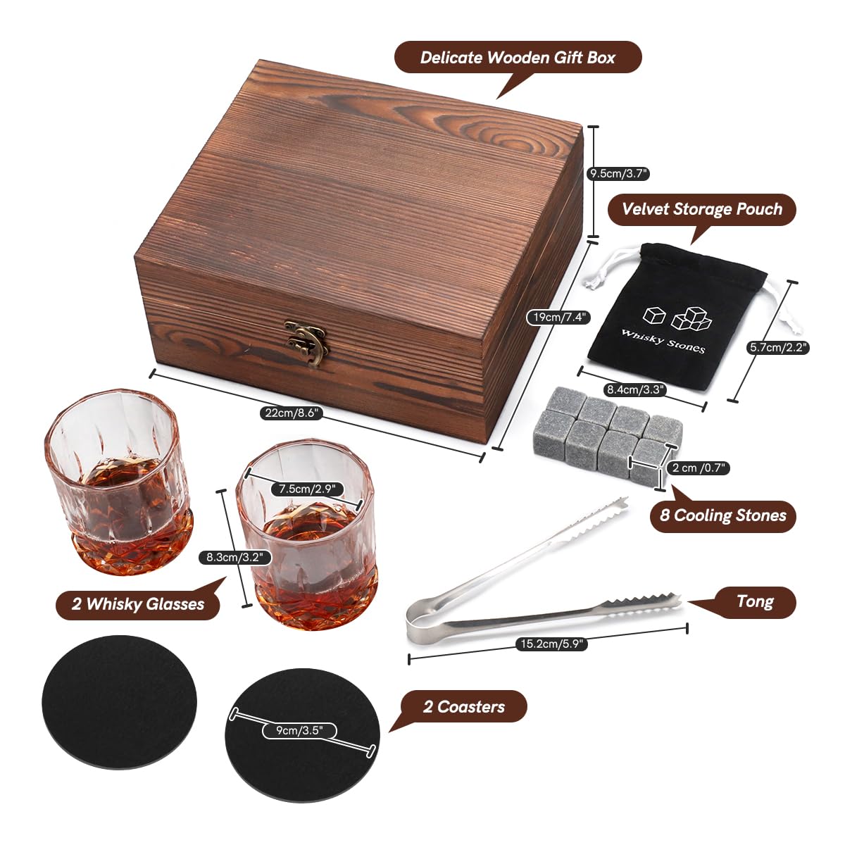 Set Whisky NVIYAM - 2 Bicchieri, 8 Pietre Refrigeranti, Coaster E Pinza