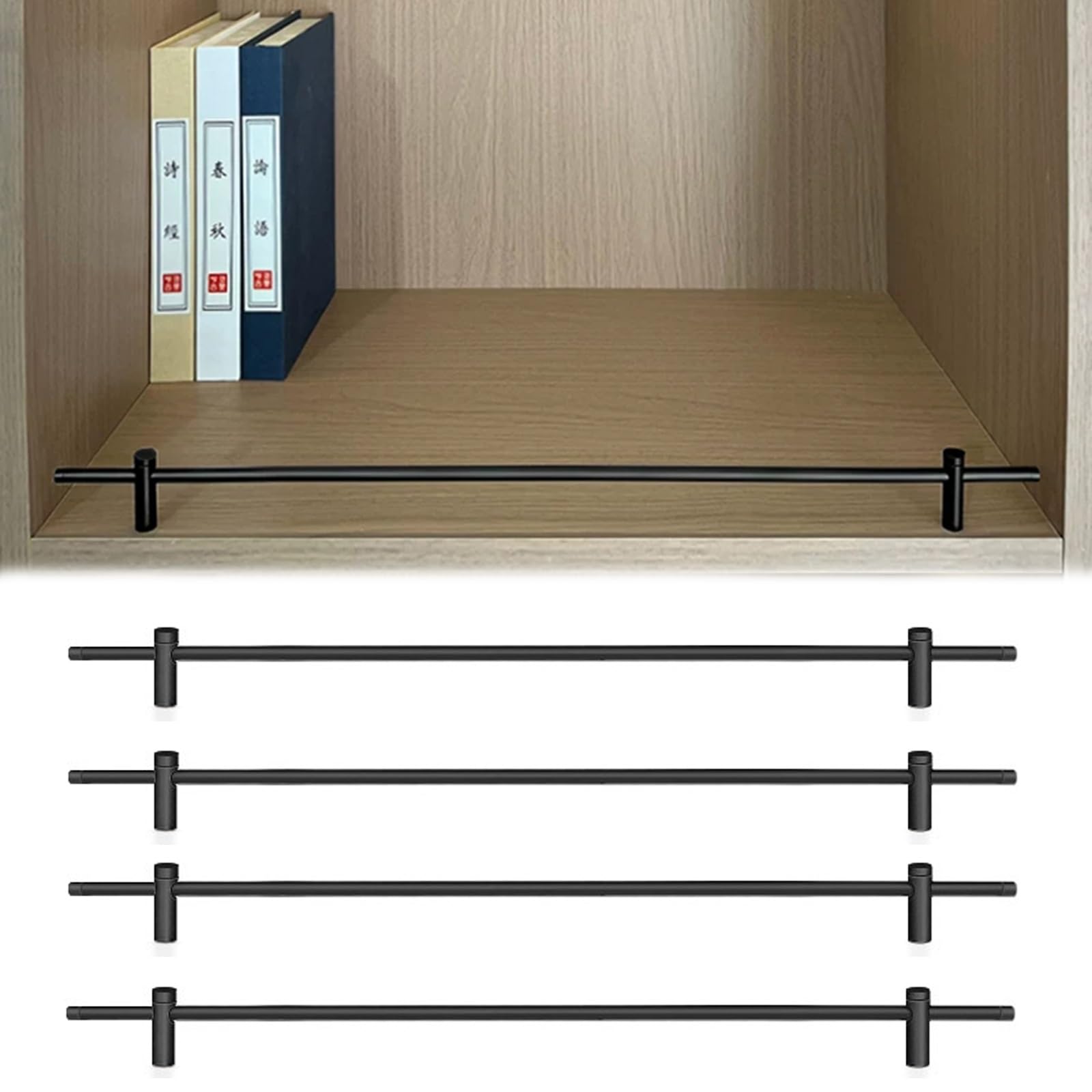 Black Aluminum Bar Bottle Shelf Railing 1 2 3 4 Pack, Floating Picture Ledge Shelves Rail, Cabinet Item Anti-Drop Guardrail for Pantry/Supermarket/Basement(4 Pcs,Long 16in/41cm)
