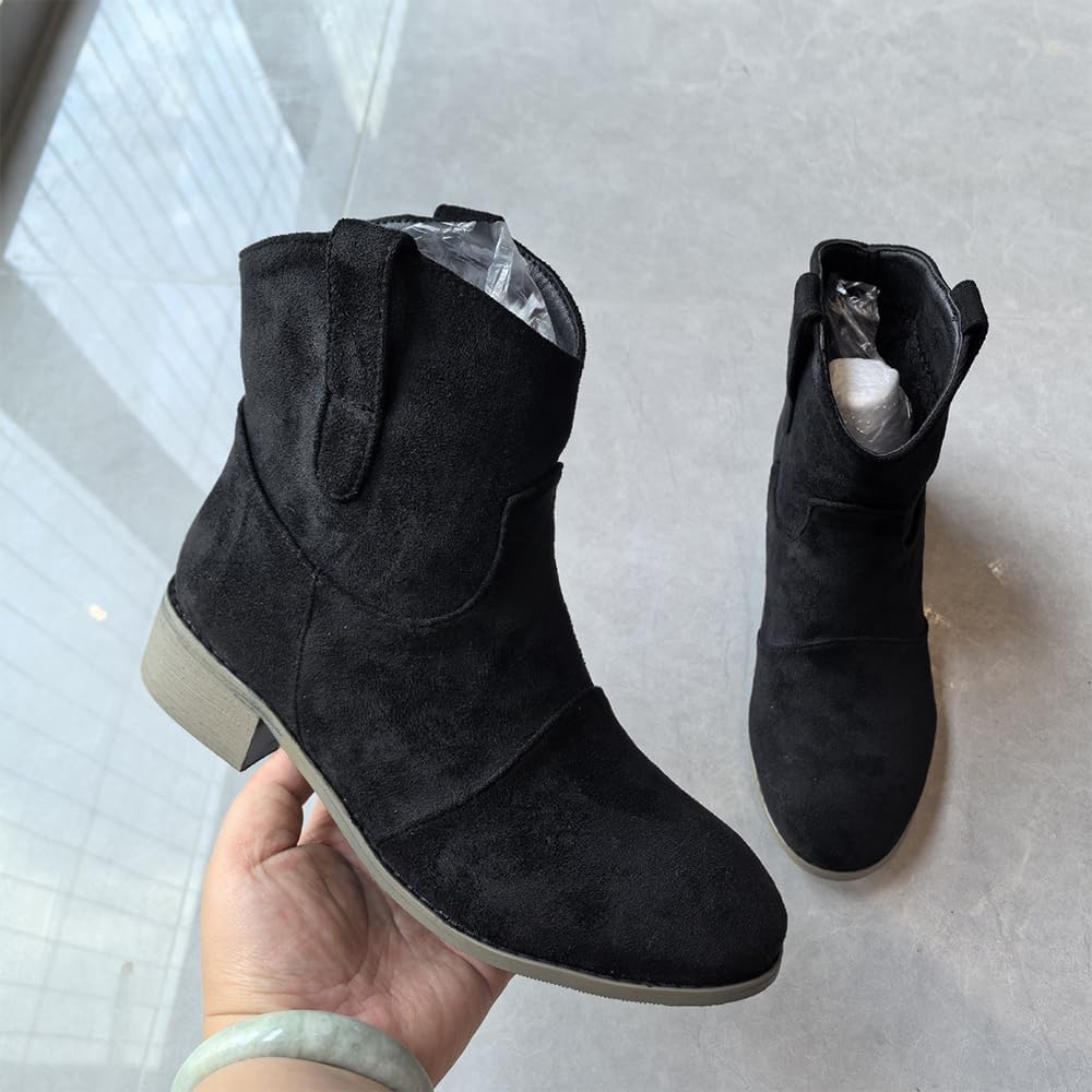 Western Cowgirl Boots for Women Comfortable Low Heel Suede Short & Mid-Calf Cowboy Booties, Slip-On Retro Fashion, Cozy Warm Fall & Winter Shoes