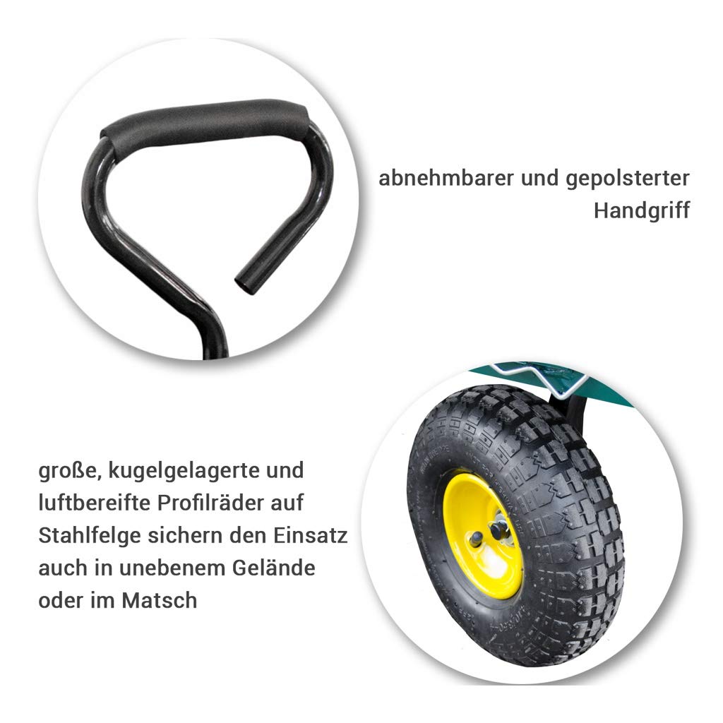 TP Lasten-Handwagen, stabile Gartenkarre mit Gitter, Plane und Luftbereifung, Transportwagen für Haus, Garten, Camping, als Anhänger für 220 Liter bis max. 550 kg belastbar