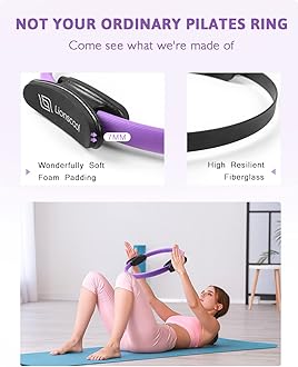 LIONSCOOL PILATES RING SET - Premium Anti-Deformation 14”Magic Circle with Dual Padded Handles - Includes Burst Resistant Pilates Mini Ball & Highly Elastic Resistance Bands - Free Workout Guide & Bag