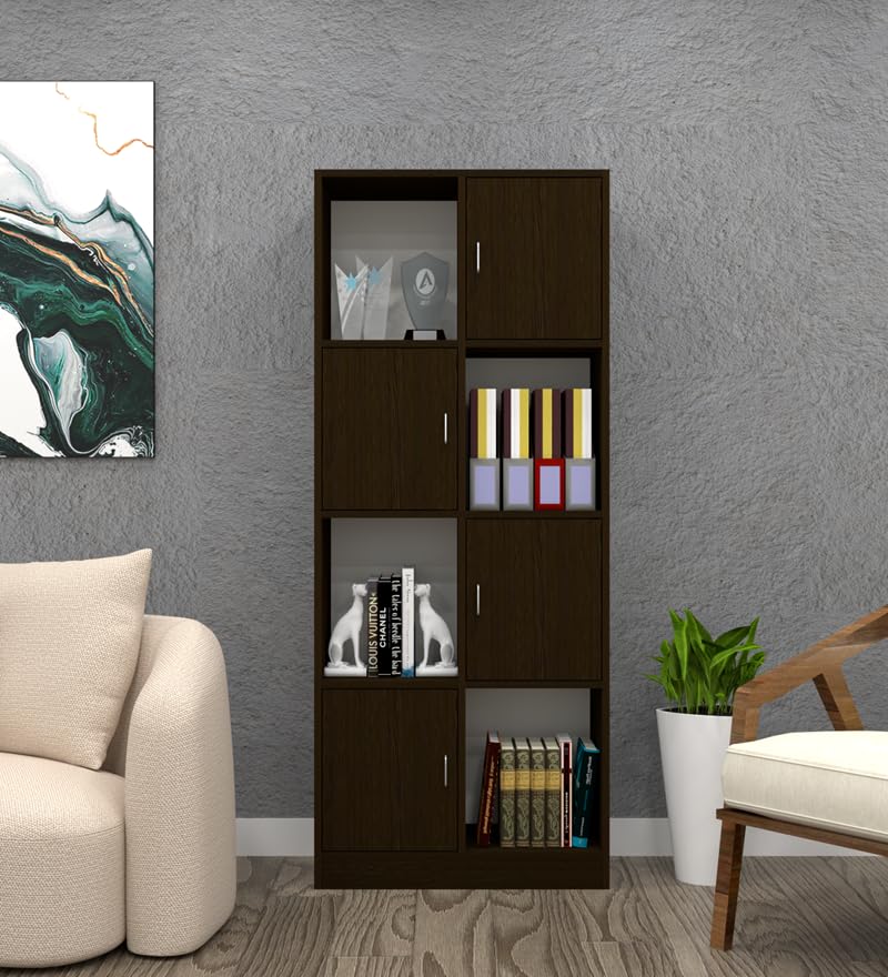 Image of SPECIALITY PANELS 8 Cube Bookshelf with Doors, Dark Wood Finish, 4 Open Shelves and 4 Closed Compartments, 176x73x35 cm Storage Unit