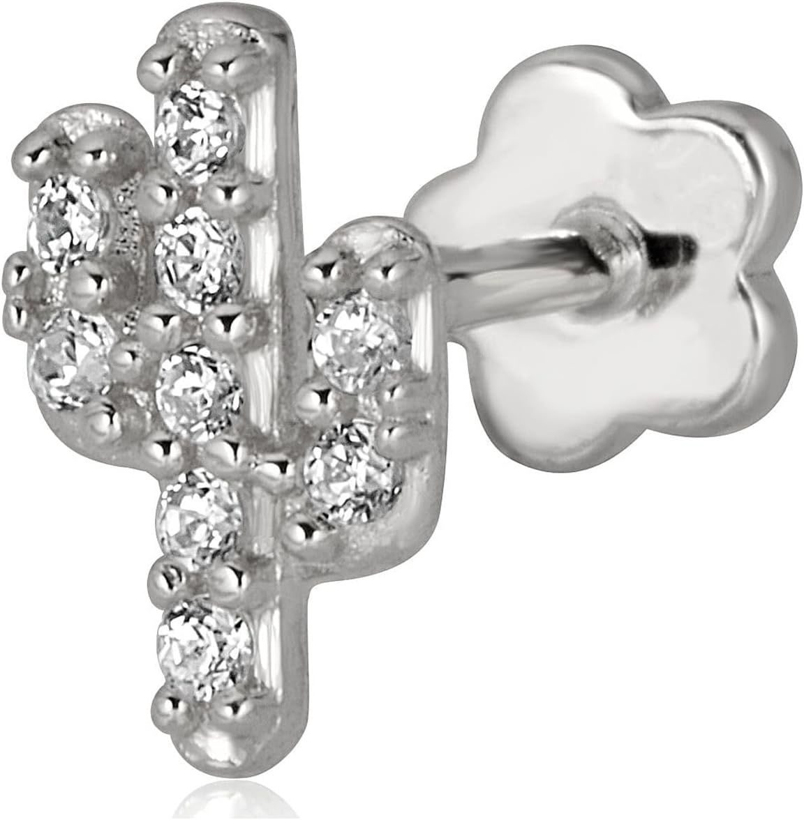 AVORA 14K Gold Simulated Diamond CZ Cactus Cartilage Piercing Flat Back Earring Body Jewelry (18 Gauge)
