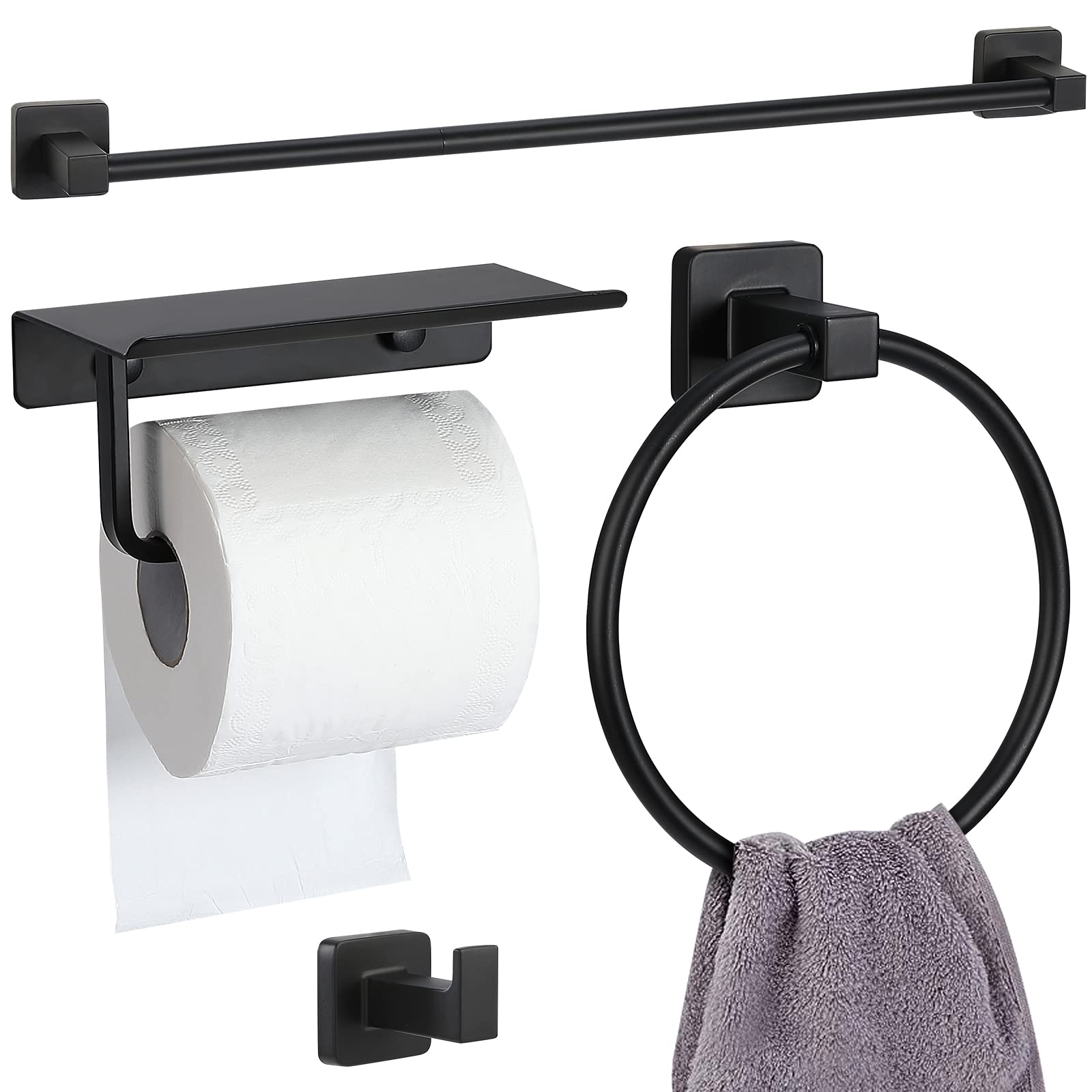 4Pieces Matte Black Bathroom Racks Set with 24 Inches Towel Bar, Towel Ring, Toilet Paper Holder with Shelf, Wall Mounted Bathroom Accessories Kit,Stainless Steel Bathroom Hardware Set.