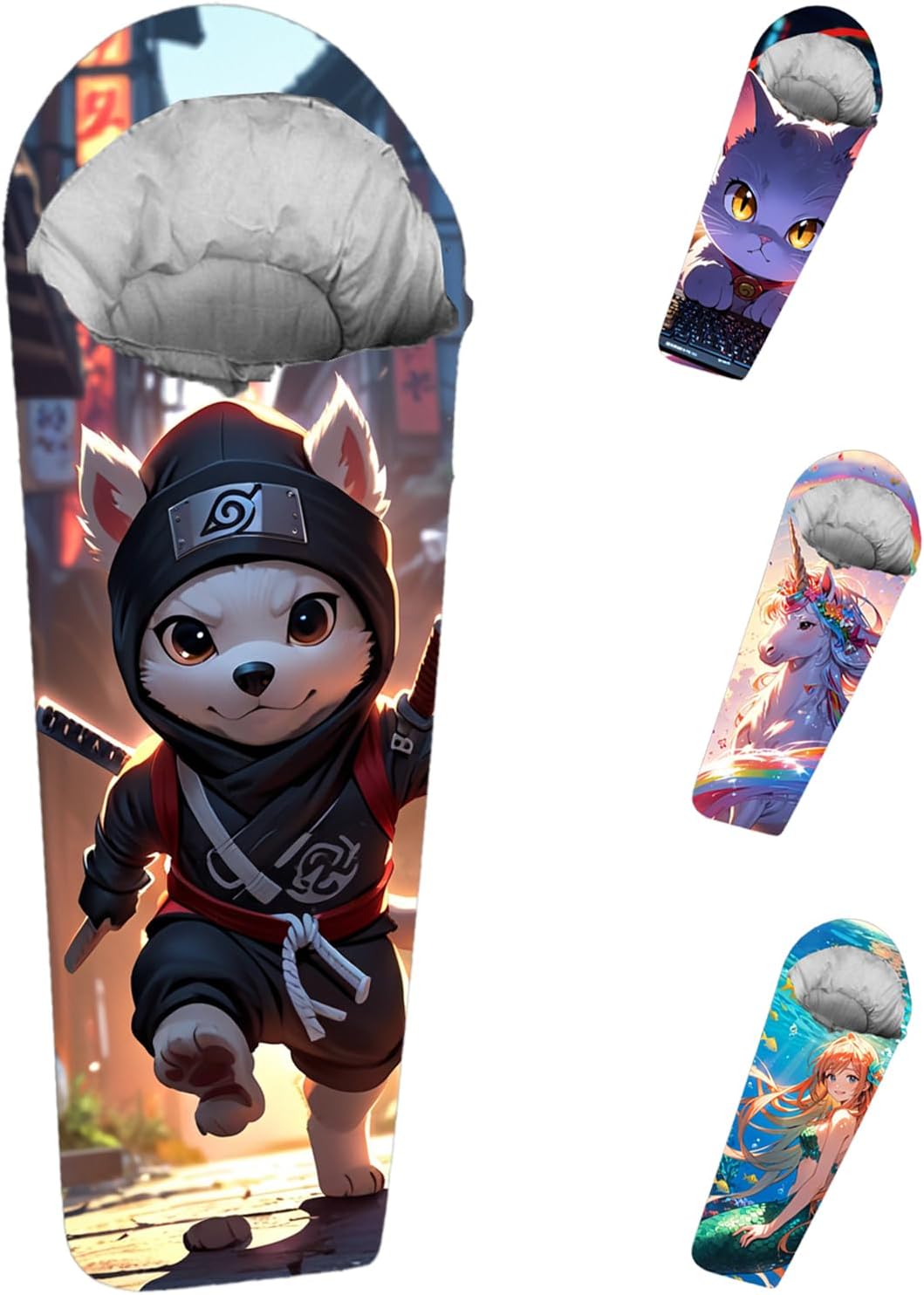 Mummy Style 32 – 59F Kids Sleeping Bag with Pillow Sleeve, Full Scale Digital Printing Unicorn, Mermaid, Kitty or Puppy, Lightweight, Ideal for Camping, Sleepover, Boys, Girls, and Youth