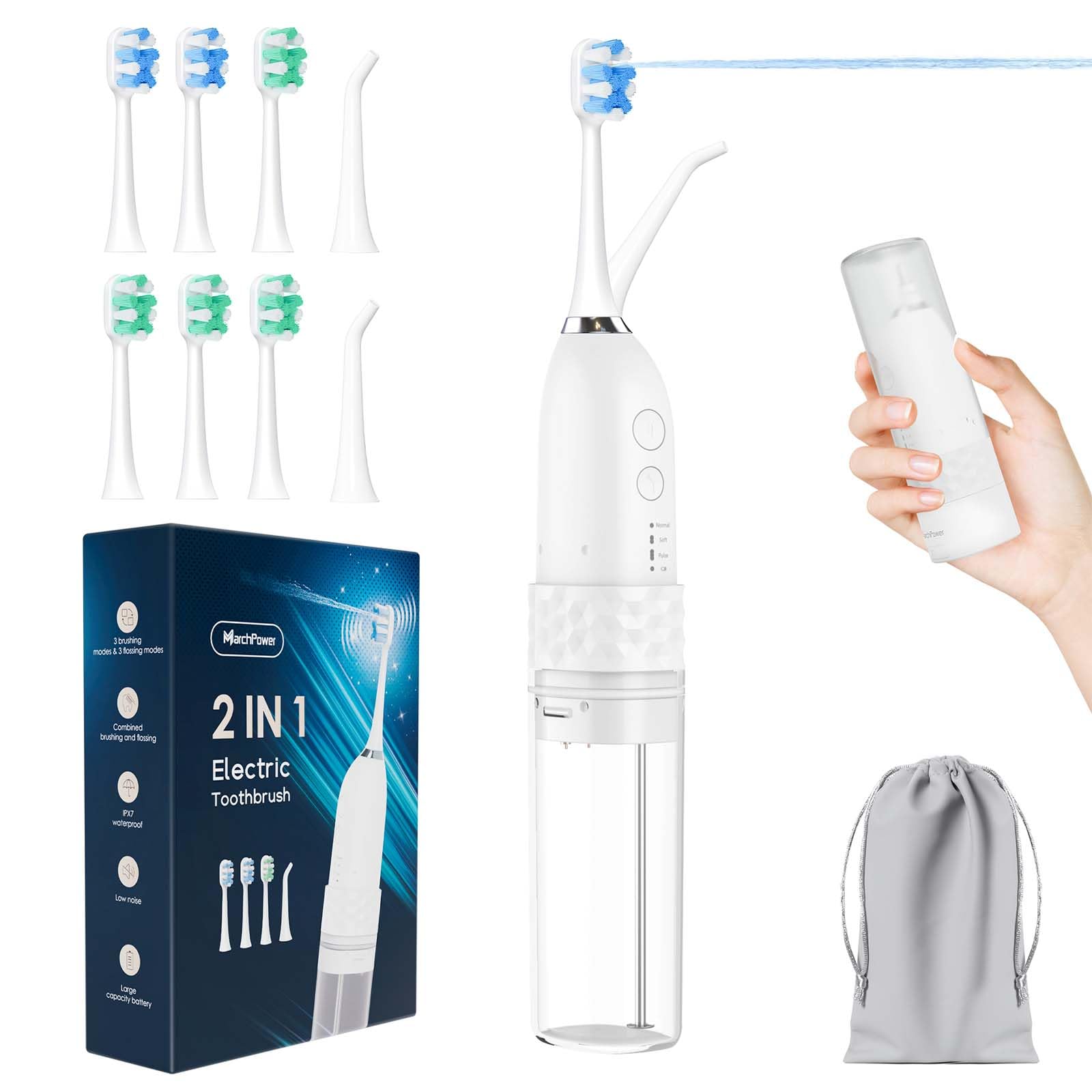 Marchpower 2-IN-1 Spazzolino Elettrico e Idropulsore Dentale Portatile con 3 Testine Dure Originali & 1 Beccuccio