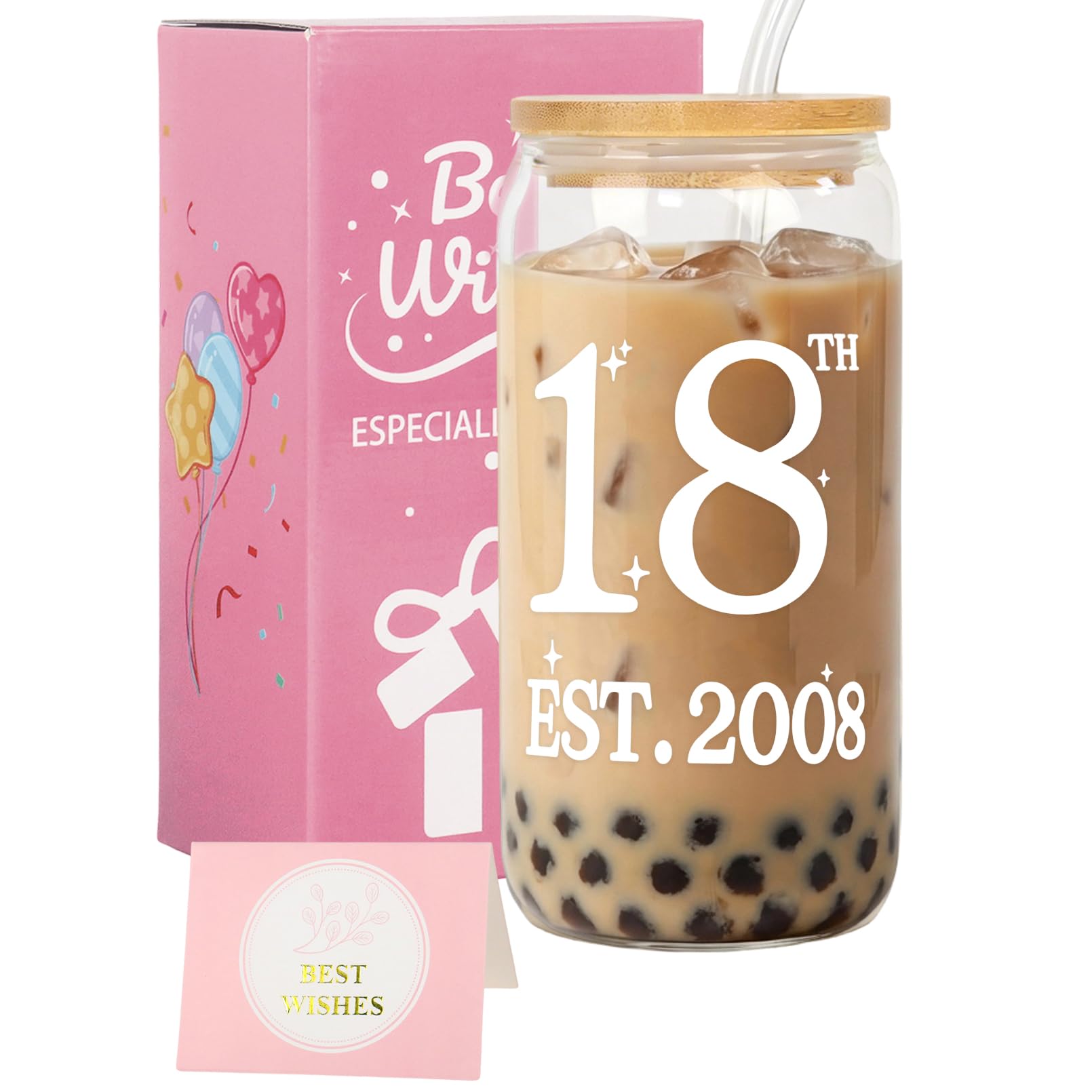 Nwvuop 18th Birthday Gifts for Girls, 16oz 18th Birthday Glass Cup with Lid & Straw, 18th Birthday Presents for Daughter & Her