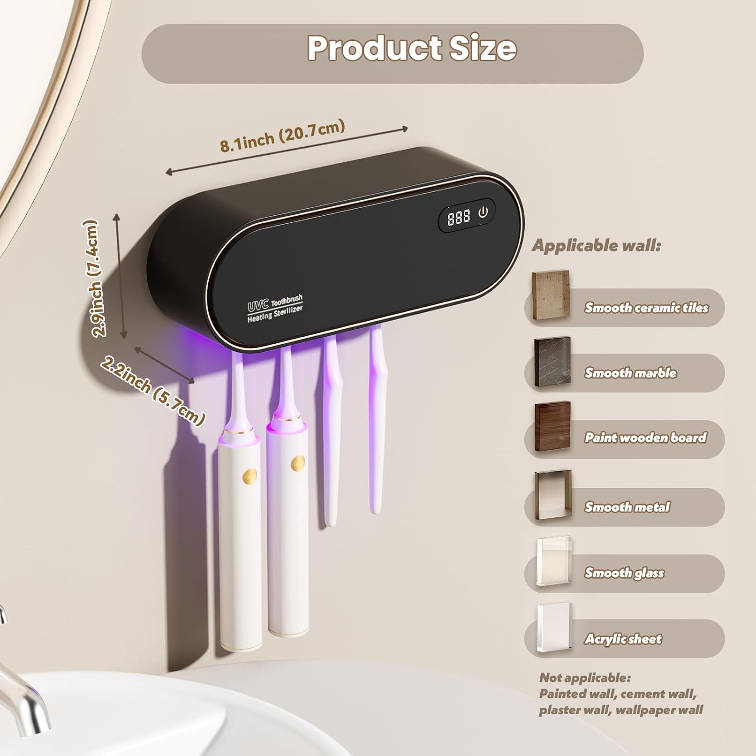 Multi-Function Toothbrush Holder, Electric Toothbrush Holders with Smart Drying & Cleaning, Rechargeable Wall Mounted Toothbrush Organizer with 4 Brush Slots for Big Family (Black)