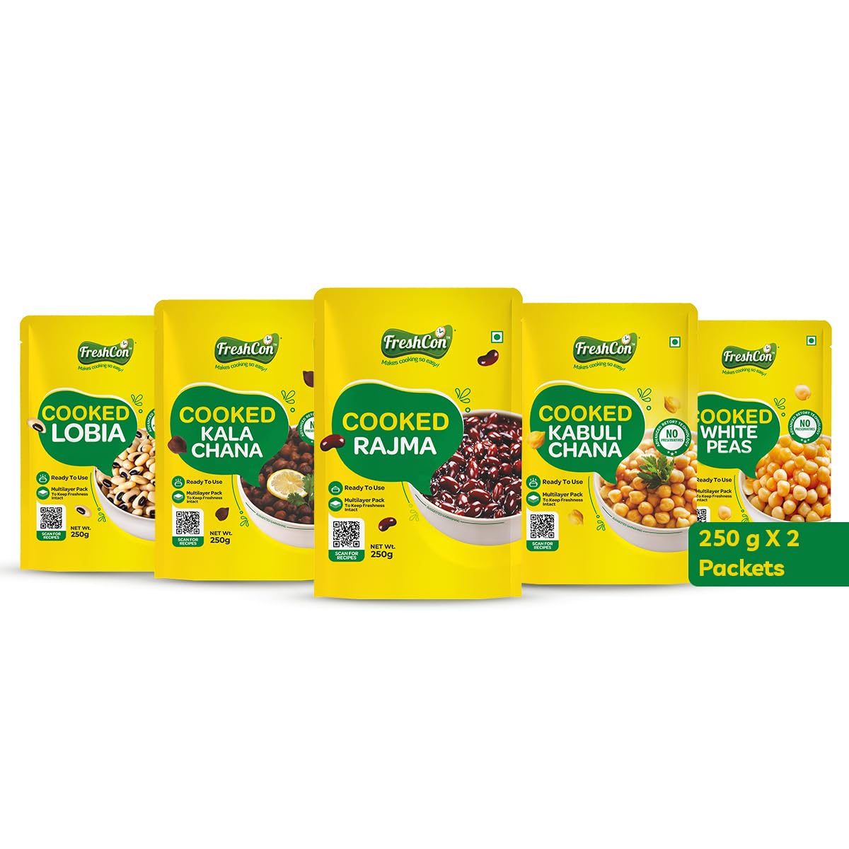 FRESHCON Super Saver Pack of Cooked Kala Chana, Chole, Rajma, White Peas & Lobia | Healthy & nutritious| Ready to Eat | Boiled & Preservative-Free | Ideal for Indian curry, salads, chaat - 500g each-image-49